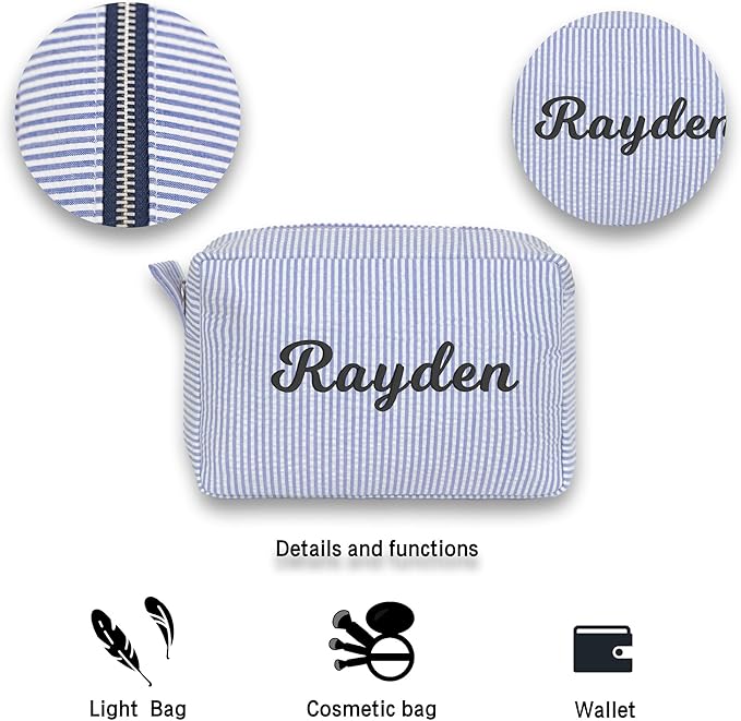 MT WORLD Cosmetic Bag Personalized Makeup Bag Seersucker Preppy Bridesmaid Makeup Bag Aesthetic Cute Women Toiletry Bag Girls Handbags Purses (Blue)