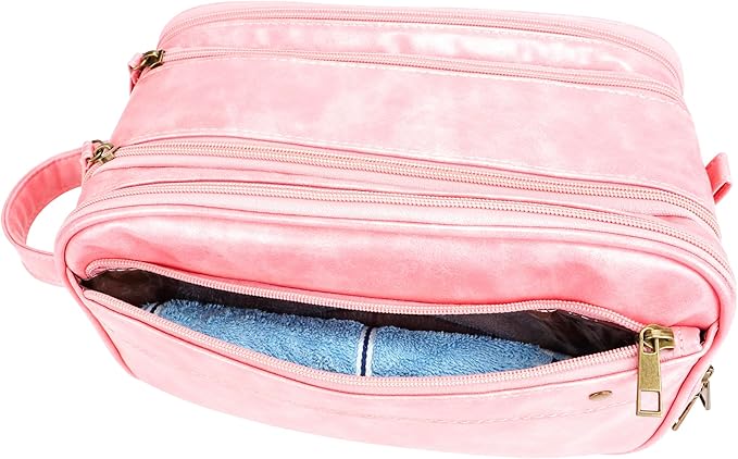 Travel Toiletry Bag for Women, Large Hanging Toiletries Organizer Bags for Men, Cruise Ship Essentials, Water-resistant Shaving Case, PU Leather Makeup Accessories, Cosmetic Dopp Kit, Pink