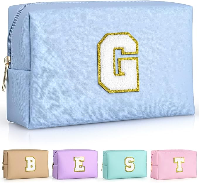 TOPEAST Travel Makeup Bag, Personalized Initial Toiletry Bag w Zipper, Cute Makeup Pouch, PU Leather Waterproof Cosmetic Bag, Birthday Gift for Daughter, Preppy Things for Girls (Sky Blue G)