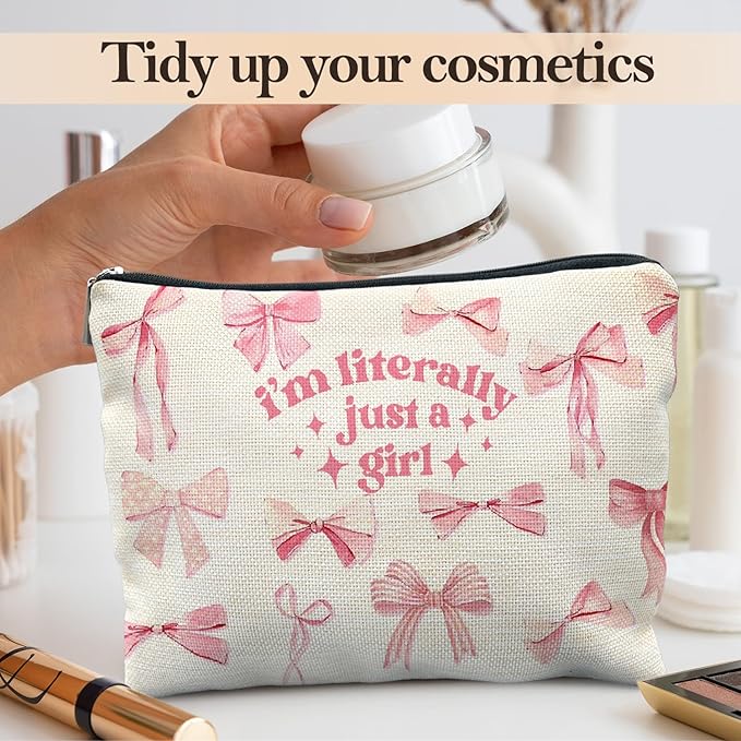 Coquette Pink Bow Makeup Bag, Preppy Bow Cosmetic Bags for Women, Girly Pink Makeup Pouch, Coquette Stuff, Trendy Preppy Bowknot Zipper Pouch
