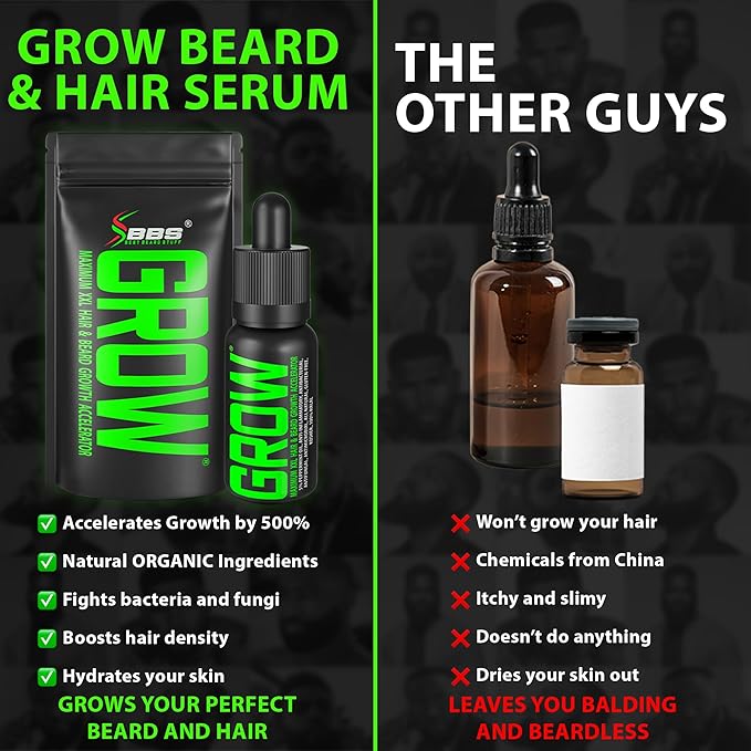 GROW Beard Growth Serum + 2X Biotin Beard Balm – Thickening Conditioner with Castor Oil & Meadowfoam – Fills Patches, Boosts Growth, Softens & Styles – For Thicker, Fuller Men's Facial Hair