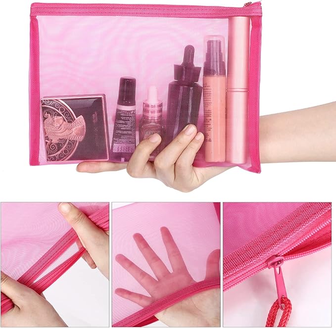 12 Pieces Zipper Nylon Mesh Pouch, Mesh Cosmetic Bags Makeup Bags Pencil Case, Multipurpose Travel Bags for Cosmetic School Office Supplies and Travel Accessories (Hot Pink, A5+B6)