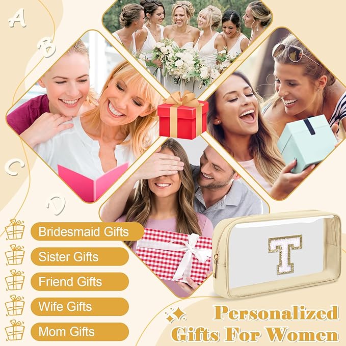 Personalized Initial Letter Clear Makeup Bag,Preppy Small Nylon&PVC Cosmetic Zipper Bag with Chenille Letter,Portable Beach Travel Skincare Toiletry Bag,Trendy Monogram Gift for Teen Girls Women,T