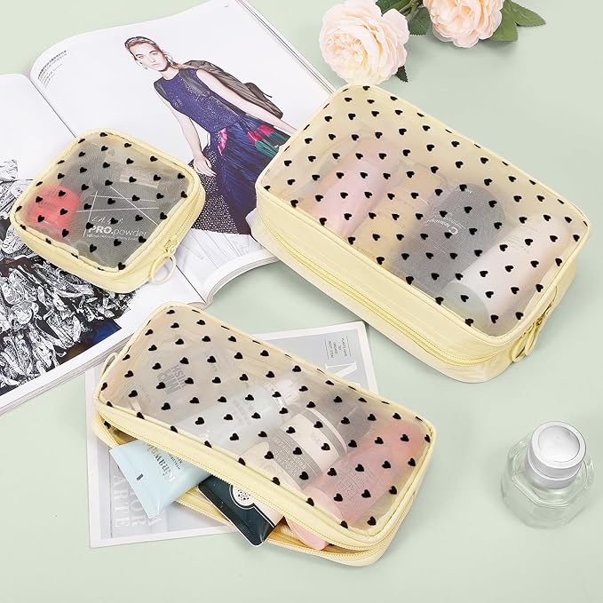 5 Pieces Mini Zipper Nylon Mesh Pouch, Mesh Cosmetic Bags Makeup Bags, Multipurpose Travel Toiletry Bags for Office Supplies and Travel Accessories (Heart Print-Beige, Assorted Sizes)