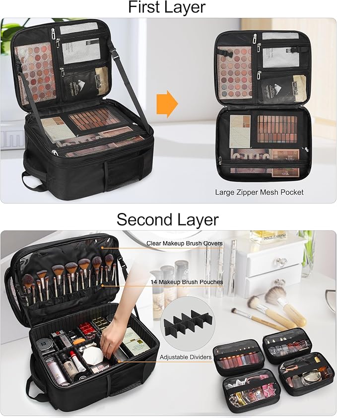 TANTO Makeup Backpack Makeup Artist Bag Professional Extra Large Cosmetic Bags Travel Train Case Storage Organizer Double-Layer Cosmetic Case with 4 Pouch and 2 Brush Bag (Black, Three)