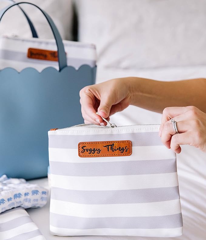 Stylish Diaper Bag Organizing Pouches - XL Set of 4 Light Blue Canvas Diaper Bag Pouches with Leather Embossed Labels, Leather Wristlet Strap & Durable Metal Zippers