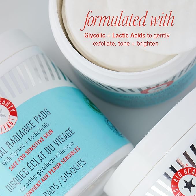 First Aid Beauty - Facial Radiance Pads with Glycolic & Lactic Acids, Daily Exfoliating Pads with AHA, Visibly Smaller Pores, Help Tone & Brighten Skin, One-Step Makeup Prep, Compostable, 28