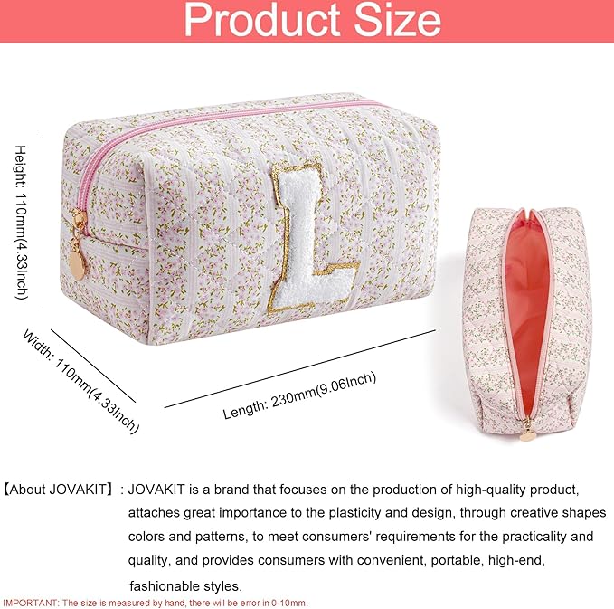 JOVAKIT Makeup Bag Cosmetic Bags for Women, Christmas Gifts for Girls Age 6-18, Alphabet Pink Floral Coquette Zipper Travel Makeup Pouch, Organizer Case Trendy Stuff (Pink+ Blue L)