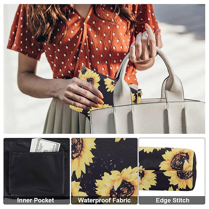 Cosmetic Bag for Women Make up Storage Pouch Case Portable Zipper Travel Accessories Organizer for Toiletry Water Repellent, Sunflower