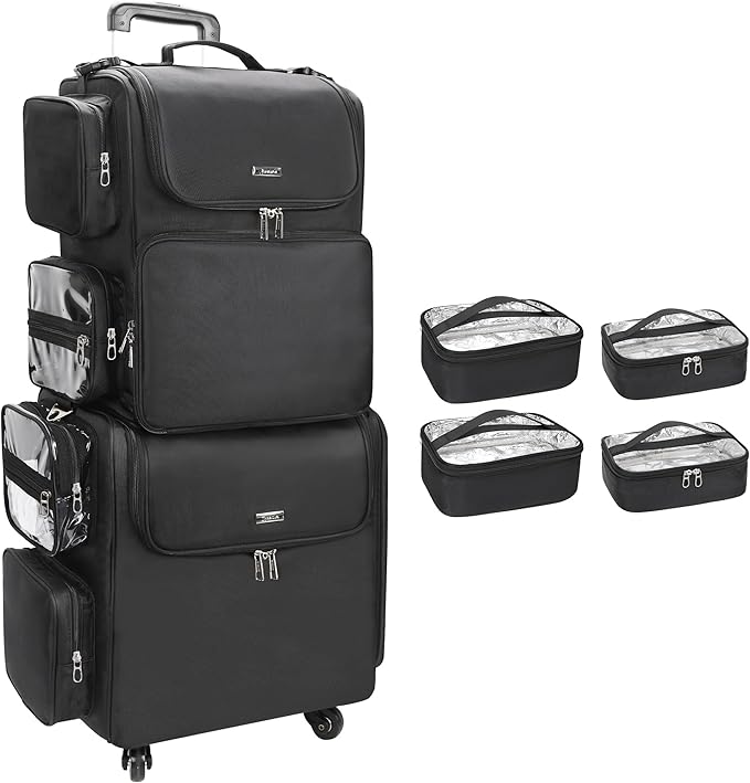Relavel Rolling Makeup Train Case with Hair Stylist Backpack, Hairstylist Traveling Bag with 4 Wheels, Heat Insulation Full Layer, Adjustable Dividers, Hair Tools and Cosmetics Storage Organizer