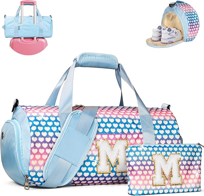 Christmas Gift Ideas, Girls Travel Duffel Bag, Kids Initial Overnight Bags with Shoe Compartment, Initial Duffle Bag with Makeup Pouch, 2 Year Old Girl Birthday Gift (Letter M)