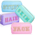 Remerry 4 PCS Nylon Cosmetic Bags Waterproof Spacious Travel Makeup Organizer for Women Chenille Letter Preppy Zipper Pouch Face Stuff Skin Hair Organizer Gift(Light Blue, Green, Purple, Pink)