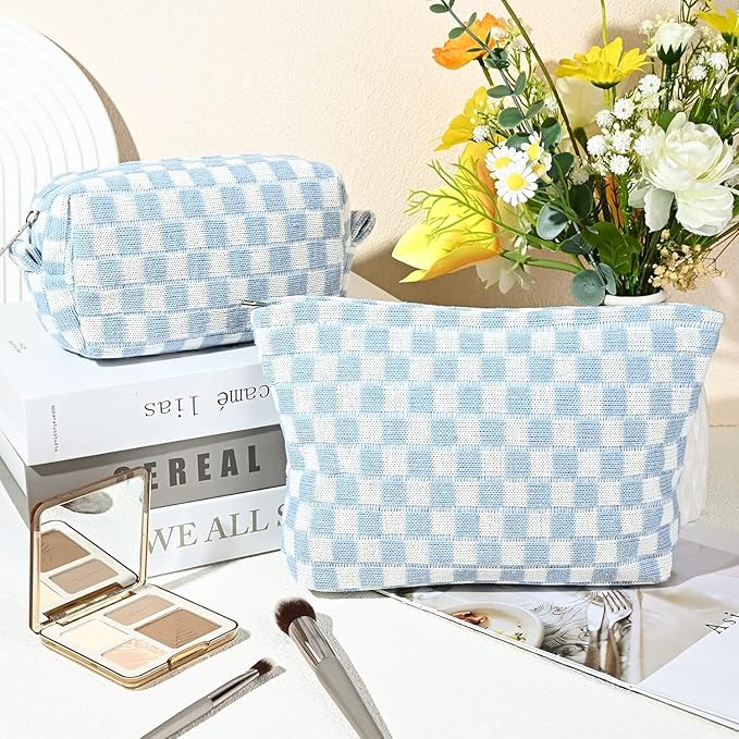 Travel Makeup Bag, Checkered Cosmetic Bag Make Up Organizer Case for Women, Small Toiletry Bag Skincare Pouch for Toiletries Accessories Brushes, 2PCS