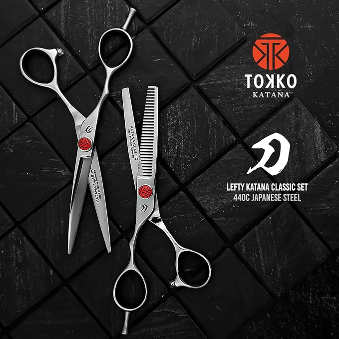 Katana Classic Left Handed Professional 6.5" Lefty Hair Shear Set by Tokko Shears, 440C Japanese Steel Left Hand Haircut Regular & Thinning Scissors for Barbers and Salon Professionals