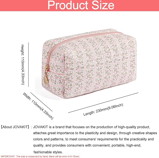 JOVAKIT Square Makeup Bag Cute Cosmetic Bag for Women, Floral Coquette Aesthetic Toiletry Bag, Zipper Make Up Pouch, Travel Make Up Organizer Bag (Pink Floral+Black)