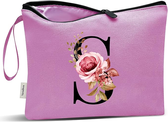Vavabox A-Z Personalized Makeup Bag, Birthday Gifts for Women Mom, Gifts for Best Friend, Bride Bridesmaid Cosmetic bag (S, Purple)