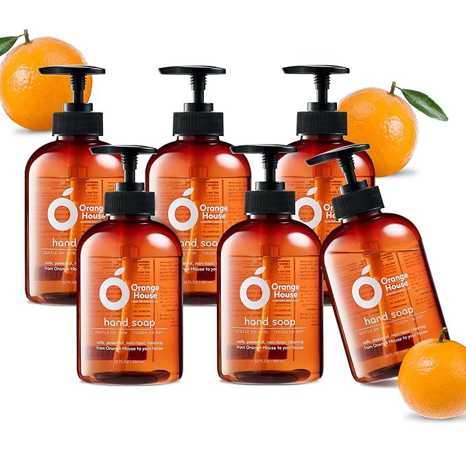 ORANGE HOUSE Natural Liquid Hand Soap, Food-Grade Orange Oil Moisturizing Hand Wash, Plant-Based & Hypoallergenic, Gentle for Sensitive Skin, Non-Toxic Citrus Scented Soap, 12 Fl Oz (6 Pack)