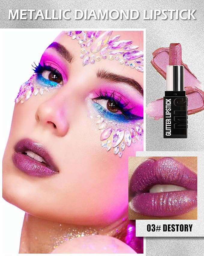 Diamond Glitter Matte Lipstick, Long Lasting Waterproof Rose Pink Metallic Sparkling High Pigment Non-Stick Lip Tint Lip Gloss,Full-coverage Lipgloss, Christmas Lip Makeup Gift for Women Girl-03