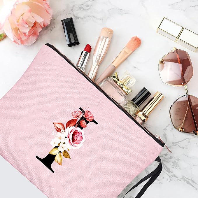 Vavabox A-Z Personalized Makeup Bag, Birthday Gifts for Women Mom, Gifts for Best Friend, Bride Bridesmaid Cosmetic bag (I, Pink)