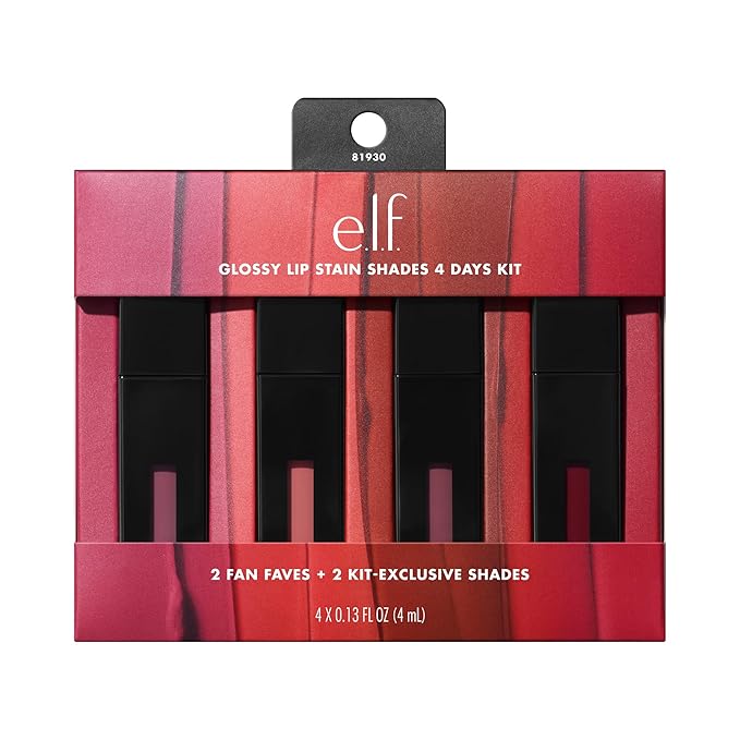 e.l.f. Glossy Lip Stain Shades 4 Days Kit, Long-Lasting Lip Stains For A Sheer Pop Of Color & Subtle Gloss Finish, Vegan & Cruelty-Free, 4 Shades
