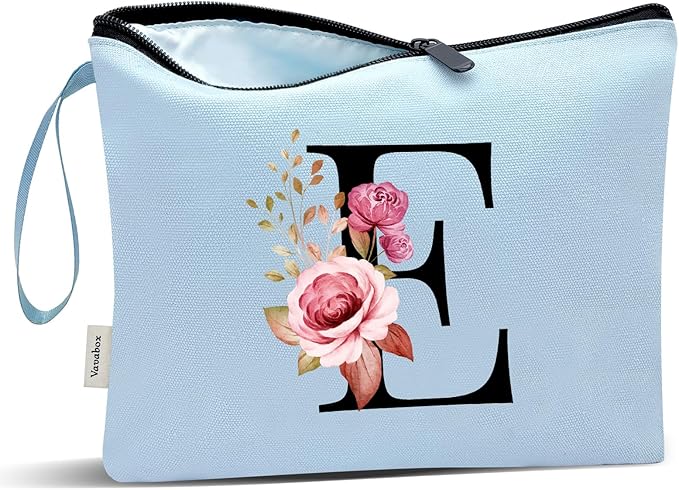 Vavabox A-Z Personalized Makeup Bag, Birthday Gifts for Women Mom, Gifts for Best Friend, Bride Bridesmaid Cosmetic bag (E, Blue)