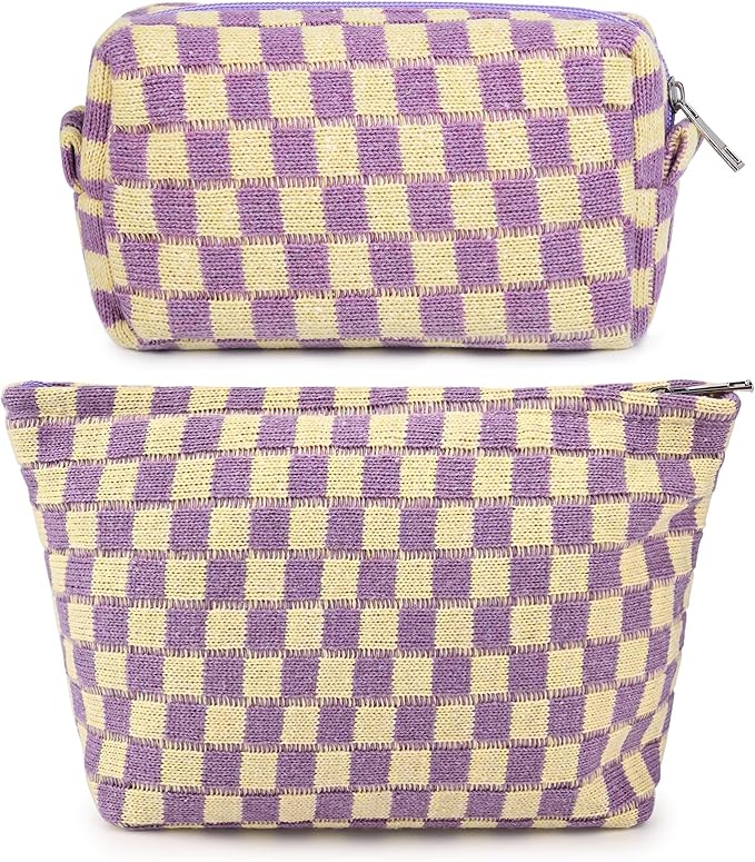 SOIDRAM 2 Pcs Checkered Makeup Bag Large Cosmetic Bag Toiletry Bag Makeup Pouch Travel Bag Organizer Cute Makeup Brushes Aesthetic Accessories Storage Bag for Women Purple