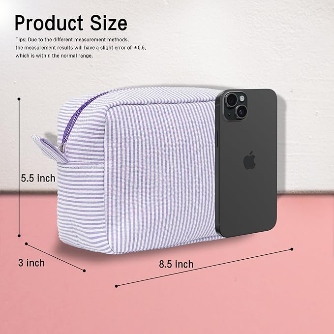 MT WORLD Cosmetic Bag Personalized Makeup Bag for Women Girls Seersucker Preppy Bridesmaid Makeup Bag Cute Aesthetic Toiletry Bag Girls Handbags Purses (Purple)