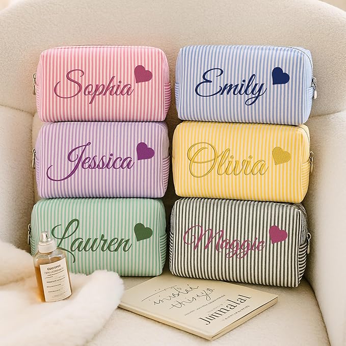 Personalized Seersucker Makeup Bag with Embroidered Name&Birth Flower,Custom Small Travel Cosmetic Bag Toiletry Bag Wedding Gifts for Bridesmaid Bride (4-Makeup Bag with Crown)