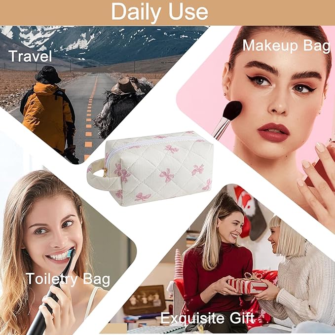Makeup Bag Travel Cosmetic Bag for Women, Zipper Make Up Pouch, Floral Flowers Toiletry Organizer Makeup with Handle, Cosmetic Travel Cloth Bag (Pink Bow Tie)