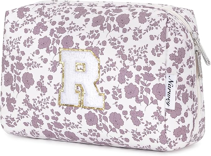 Narwey Birthday Gifts for Teen Girls Kids Women Personalized Initial Floral Makeup Bag Cute Cosmetic Trendy Stuff 6 8 10 11 12 13 14 16 18 Years Old Travel Toiletry Bag (Little Dusty Pink Flower R)