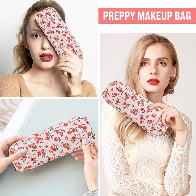 Nylon Small Floral Makeup Bag Slim Pouch, Preppy Cute Makeup Brush Bag Pink Makeup Bag Flower Cosmetic Zipper Pouch for Purse, Waterproof Travel Toiletry Bag Make Up Organizer for Women(Pink-Floral)