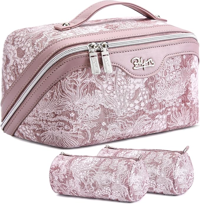 BOYATU Travel Makeup Bag for Women: Large Capacity Make up Bag with Compartments - Vegan Leather Cosmetic Bag set of 3 - Waterproof Toiletry Bag with Handle & Divider(E-1-Purple)