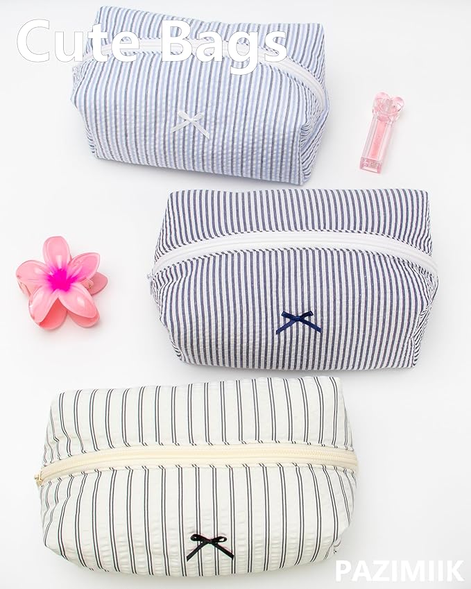 PAZIMIIK Cozy Makeup Bag Small Aesthetic Travel Zipper Cosmetic Pouch for Women Make Up Beauty Accessories Brushes, Stripe Navy Blue