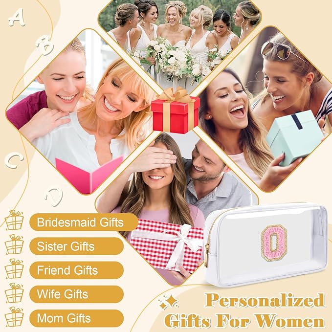 Personalized Initial Letter Clear Makeup Bag,Preppy Small Nylon&PVC Cosmetic Zipper Bag with Chenille Letter,Travel Skincare Toiletry Bag,Monogram Christmas Gift for Teen Girls Women,O
