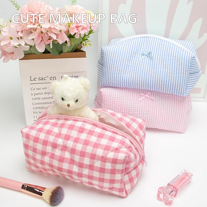 PAZIMIIK Cozy Makeup Bag Travel Cosmetic Bag for Women Soft Toiletry Bag Aesthetic Makeup Organizer Portable Large Zipper Pouch for Skincare Beauty Accessories Brushes Pink Checkered
