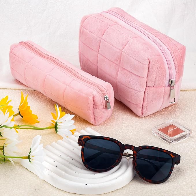 ZLFSRQ 2Pcs Pencil Case Cute Pencil Pouch for Teens Plush Makeup Bag Travel Cosmetic Bag Set Pink Makeup Pouches Purse Preppy Zippered Toiletry Bags Organizer Trendy Zipper Skincare Storage Organizer
