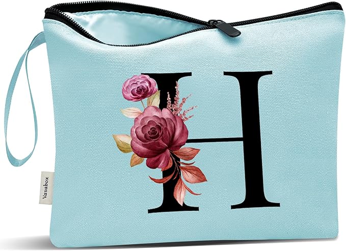 Vavabox A-Z Personalized Makeup Bag, Birthday Gifts for Women Mom, Gifts for Best Friend, Bride Bridesmaid Cosmetic bag (H, Green)