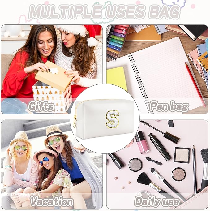 Gifts for Girls Initial Makeup Bag Personalized Cosmetic Bag with Zipper Cute Travel Toiletry Bags Waterproof PU Preppy Makeup Pouch Birthday Gift for Teen Girls Women(White S)