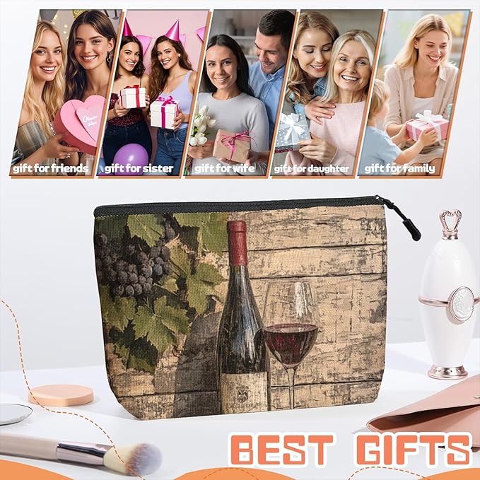 Cosmetic Bags Travel Makeup Toilet Case Waterproof Pouch for Women Girls 6.7X9.45inches - Glass And Grapes on An Aged Wooden Background