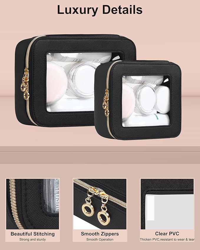 Small Clear Makeup Bag for Purse, Cute Mini Clear Cosmetic Bag Case Organizer, TSA Approved Square Small Makeup Case Pouch with Zipper, Car Travel Purse Essentials for Women (Black,S)