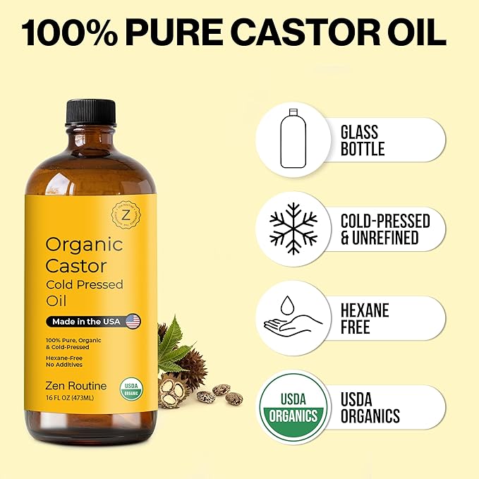 Zen Routine Organic Castor Oil (Glass Bottle - 16oz / 2-Pack) Hexane Free – Hair Growth Oil, Eye Lashes & Stomach, Pure 100% Cold Pressed Unrefined Castor Pack Wrap – USDA Certified, Made in the USA