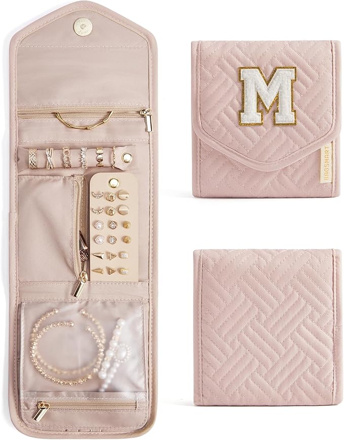 BAGSMART Travel Jewelry Organizer Case M Initial Foldable Jewelry Roll for Journey Rings, Necklaces, Earrings, Bracelets,Mini,Letter M,Soft Pink
