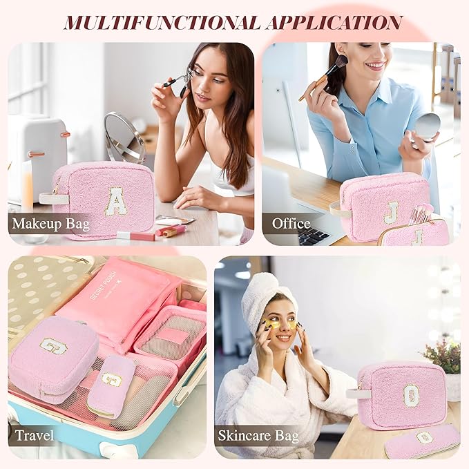 2PCS Makeup Bag with Initials, Christmas Day Gifts for Teen Girls Trendy Stuff, Personalized Cosmetic Travel Bag Pouch for Granddaughter, Cute Plush Make up Bags for Birthday - Pink Y