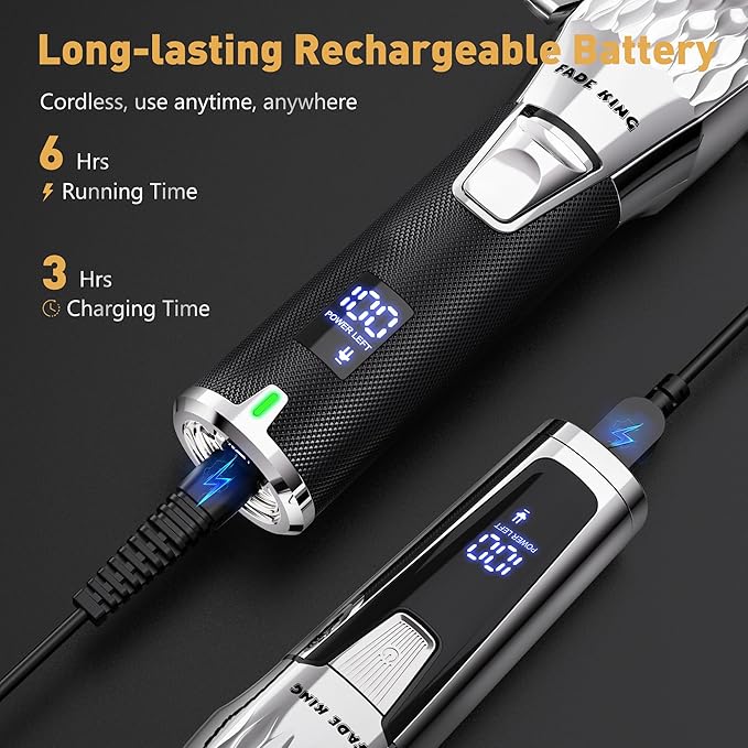 FADEKING® Professional Hair Clippers for Men, Cordless Hair Clippers and Beard Trimmer for Men, Professional Barber Clippers for Hair Cutting and Beard Shaping & Grooming (Silver Black)