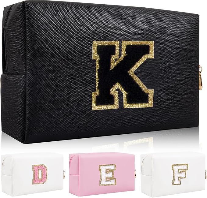 Personalized Initial Letter Patch Makeup Bag, Preppy Portable Chenille Cosmetic Bag with Zipper, PU Leather Waterproof Travel Toiletry Bag Monogram Make Up Pouch for Women Girls