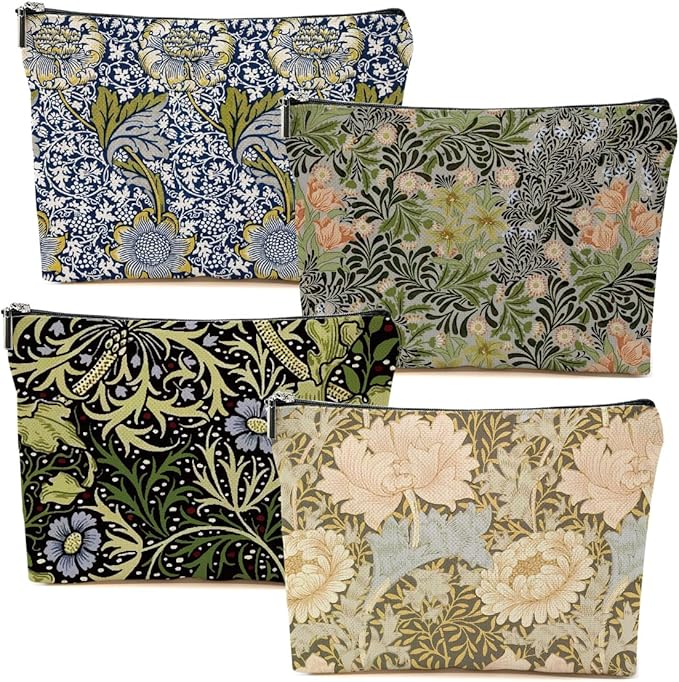 4 Packs Vintage Flowers Makeup Bag Floral Cosmetic Bag Friend Friendship Gifts for Women Girls Bestie Daughter Grandma Botanical Travel Organizer Zipper Pouch Christmas Thanksgiving Birthday Gifts