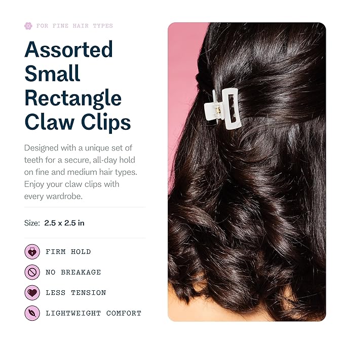 Gimme Beauty Fine Hair - Small Rectangle Claw Clips - Mini Claws for Fine & Thin Hair - Designer Non-Slip Accessories - Minimal Clip Multi-Pack for Teens - Assorted Colors, 6 Pack