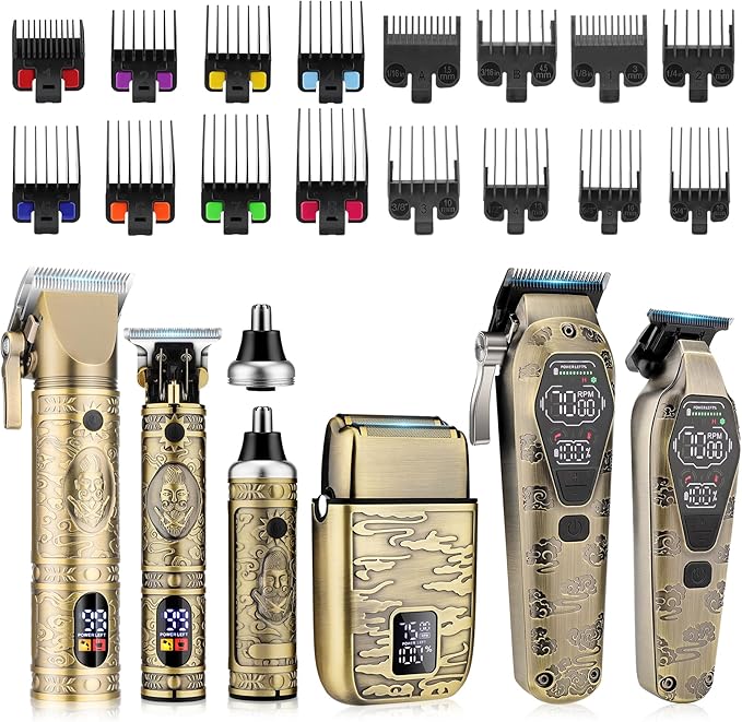 Professional Cordless Barber Clippers for Men - Hair Clippers Zero Gap T-Blade Trimmer Electric Foil Shaver and Nose Hair Trimmer Set, Hair Cutting Grooming Kit Ideal Gift for Men