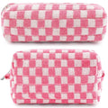 ZLFSRQ 2Pcs Checkered Pencil Case Cute Pencil Pouch for Teens Pink Checkered Makeup Bag Travel Cosmetic Bag Set Cute Preppy Makeup Pouch for Purse Portable Zippered Skincare Toiletry Bags Organizer