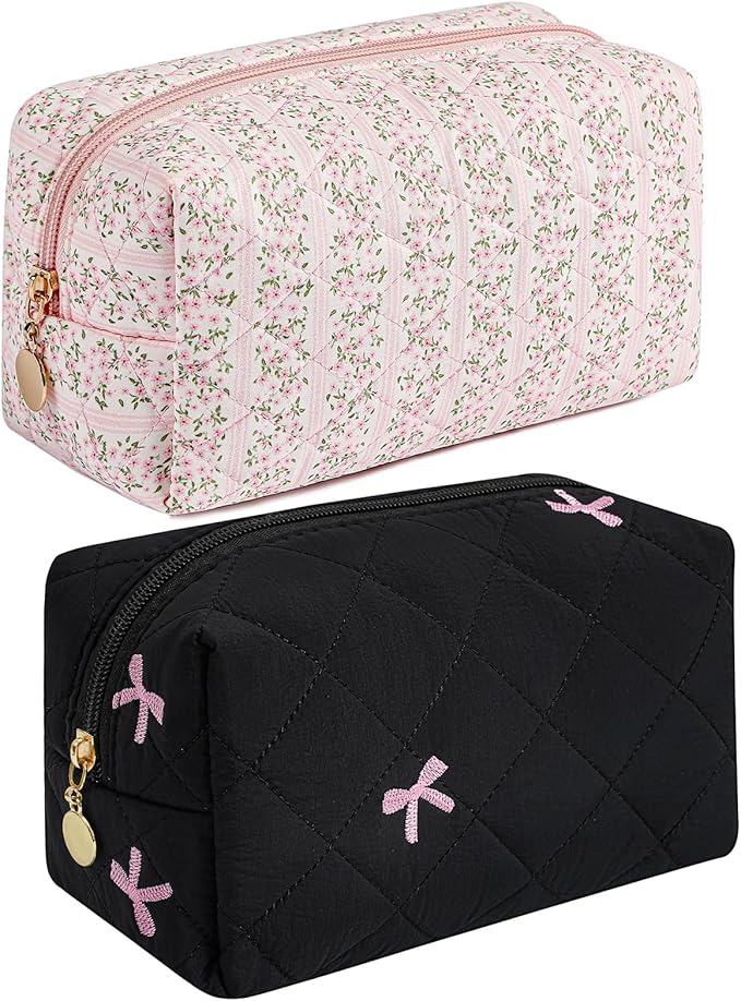 JOVAKIT Square Makeup Bag Cute Cosmetic Bag for Women, Floral Coquette Aesthetic Toiletry Bag, Zipper Make Up Pouch, Travel Make Up Organizer Bag (Pink Floral+Black)